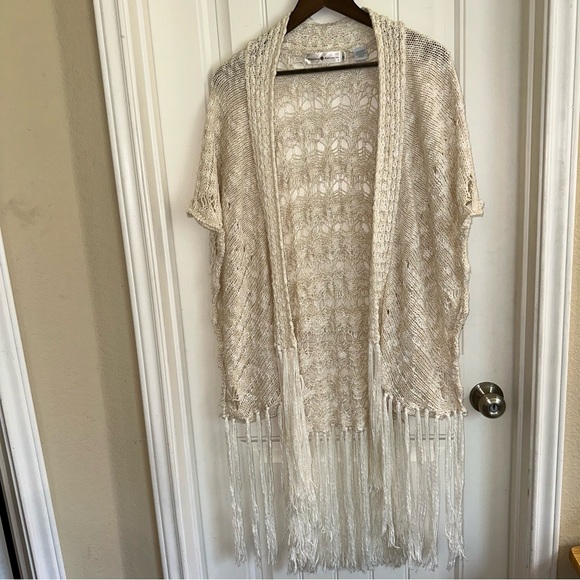 Rancho Estancia cream crocheted open front cardigan fringe women M/L - Picture 2 of 10